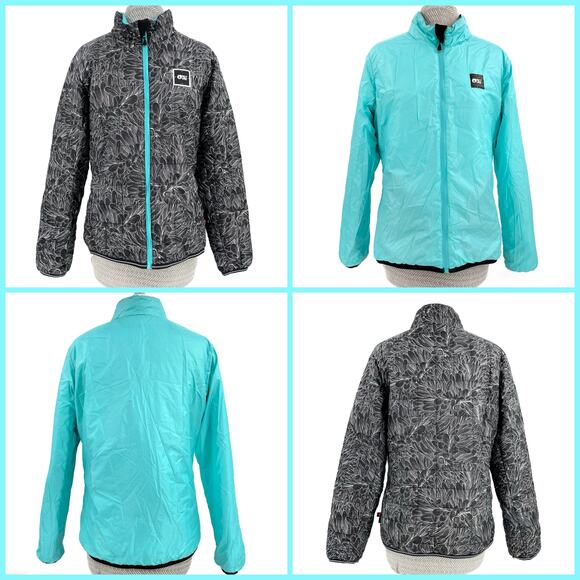 Aqua Black Reversible Light Jacket White Floral Blue Picture Organic Loys Size M - Picture 1 of 16
